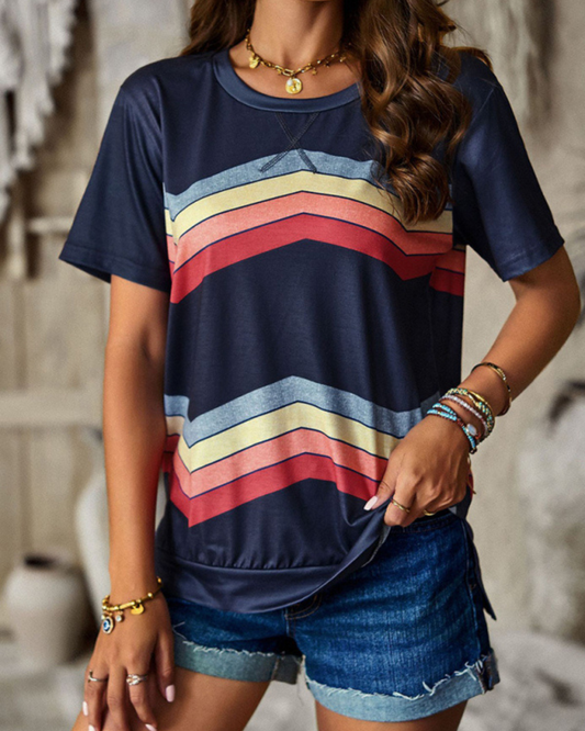 New round neck T-shirt rainbow strip top