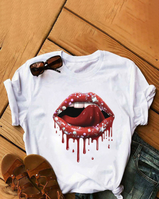 Women's Fashion Casual Lip Print Women's Short Sleeve T-Shirt