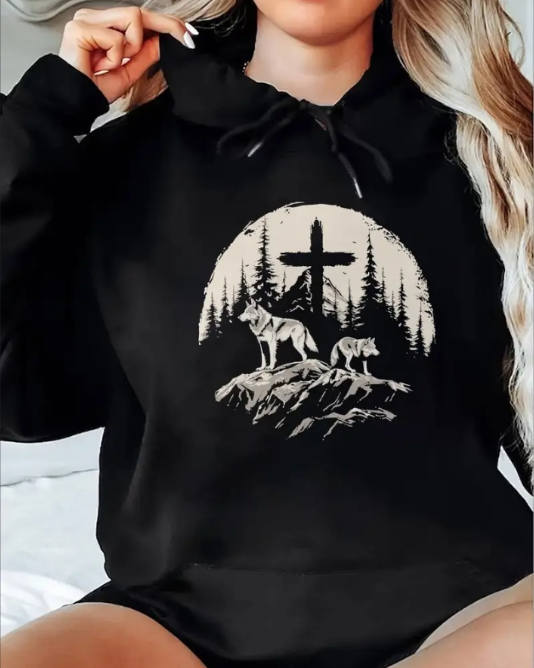 Women'S All-Season Crew Neck Pullover Sweatshirt - Casual Hoodie With Cross And Mountains Landscape Print,Regular Length