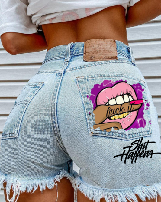 Lips Biting Finger Print Fashion Ripped Denim Shorts