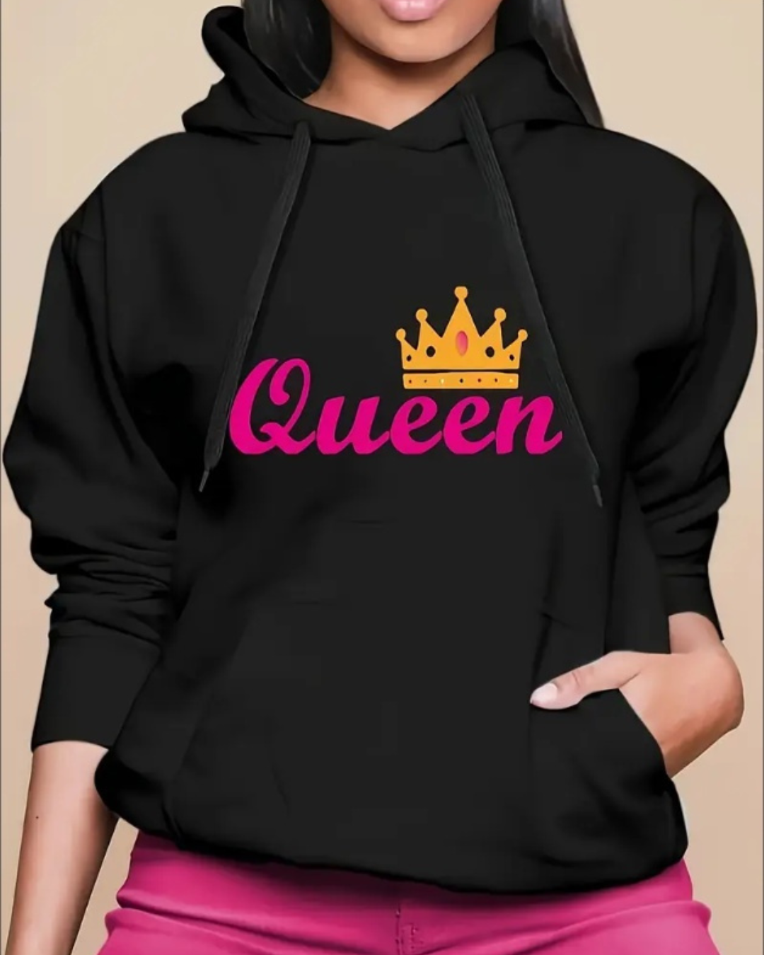 Plus Size Women's Long Sleeve Drawstring Hooded Sweatshirt With Pockets, Letter & Crown Print Casual