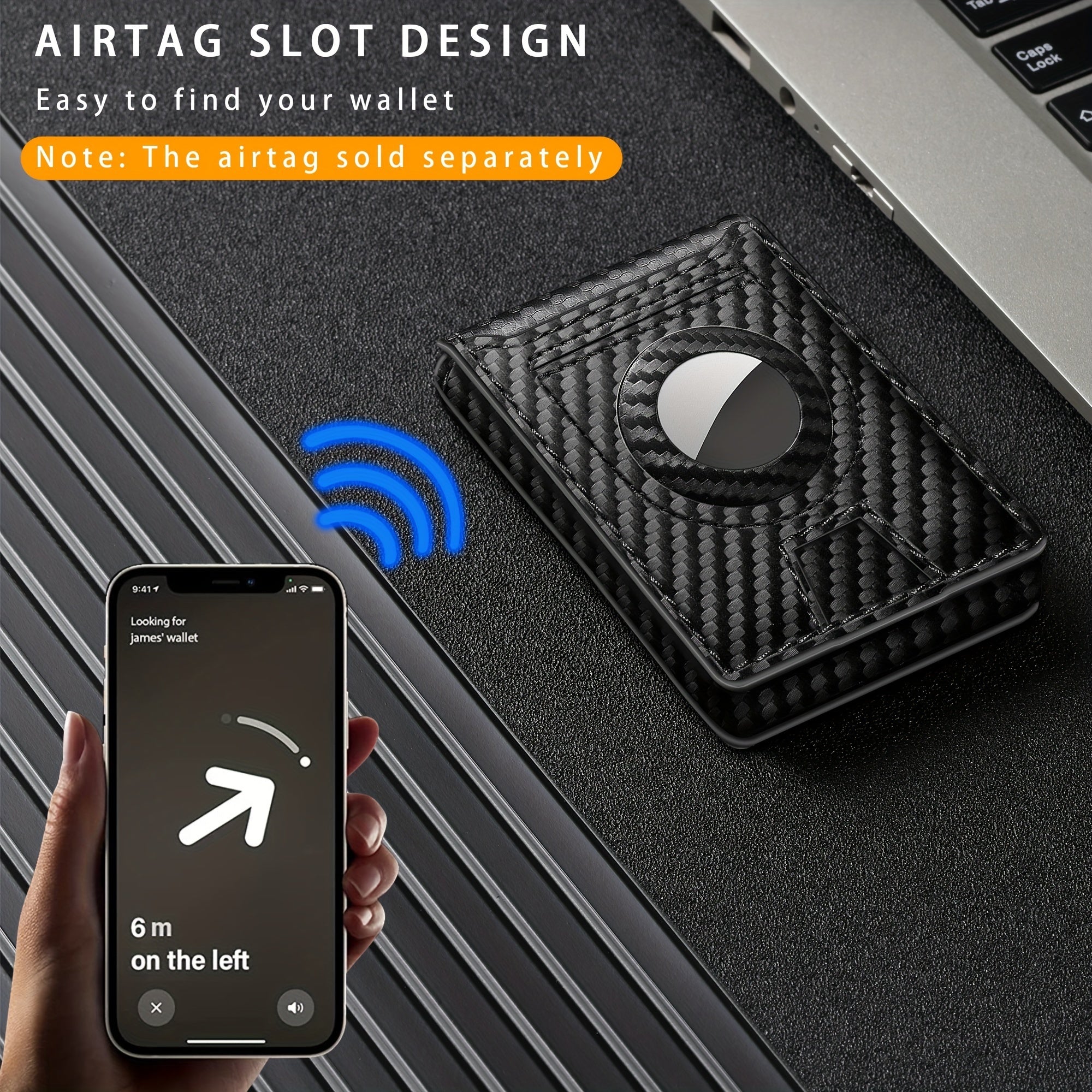 Men's Carbon Fiber RFID Blocking Bi-Fold Wallet With Pop-Up Aluminum Card Slot And AirTag Slot - Minimalist Black Credit Card Holder