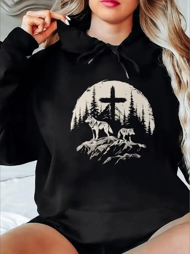 Women'S All-Season Crew Neck Pullover Sweatshirt - Casual Hoodie With Cross And Mountains Landscape Print,Regular Length