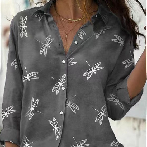 Dragonfly Printed Long Sleeve Lapel Slim Fit