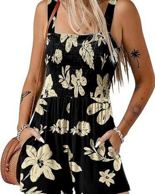 Flower Print Shorts Jumpsuit Summer Fashion Sleeveless Beach Bodysuit