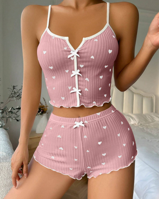 Heart Printed Color Clashing Homewear Front Split Sling Sexy Pajama Set