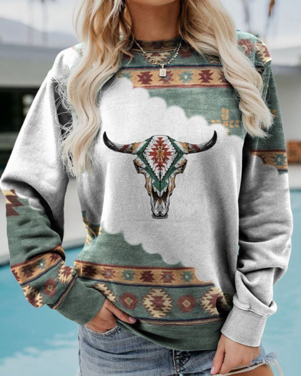 Long Sleeve Crewneck Western Print Sweatshirt