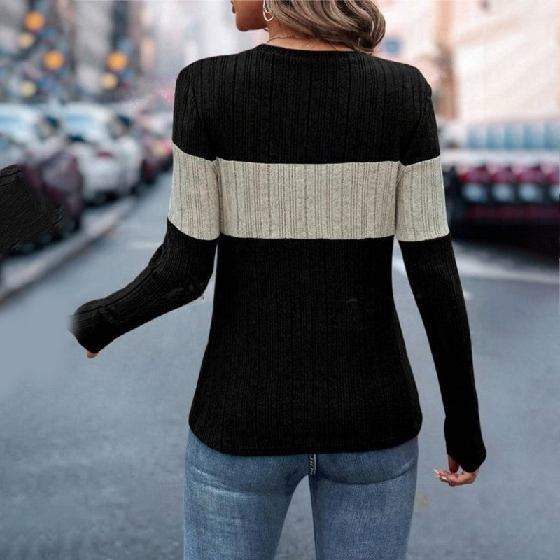 Women's Elegant Color-Block Round Neck Top - Basic Solid Color Contrast Casual Shirt For Fall&Winter