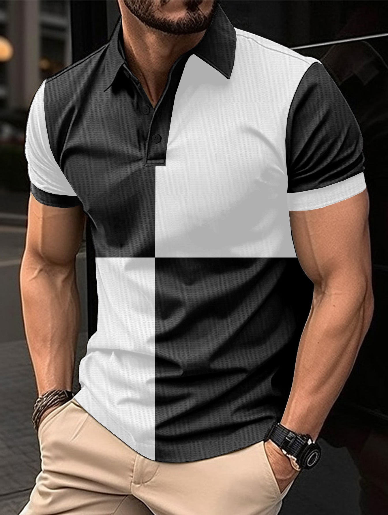 Casual Sports Short Sleeve Color Stitching Turnover Neck Polo Shirt Men Clothing