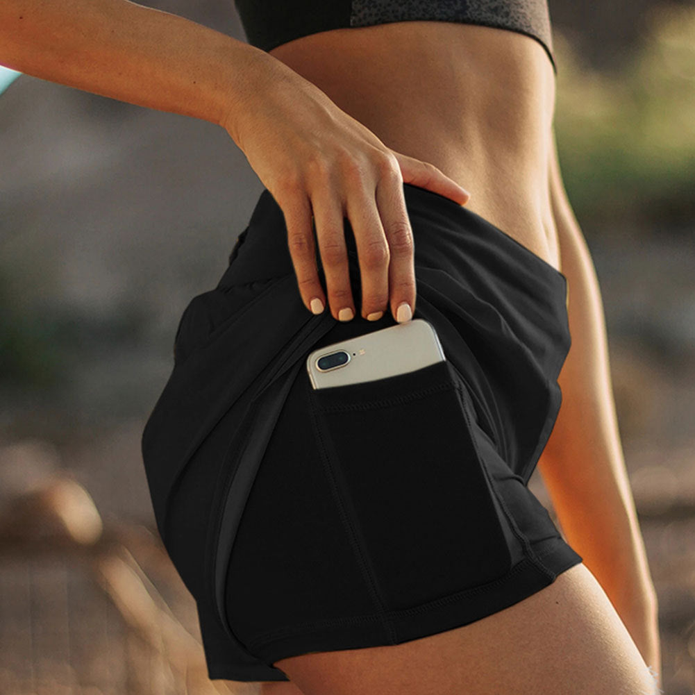 Double-layered Fake Two-piece Sports Shorts Yoga Pants With Pockets