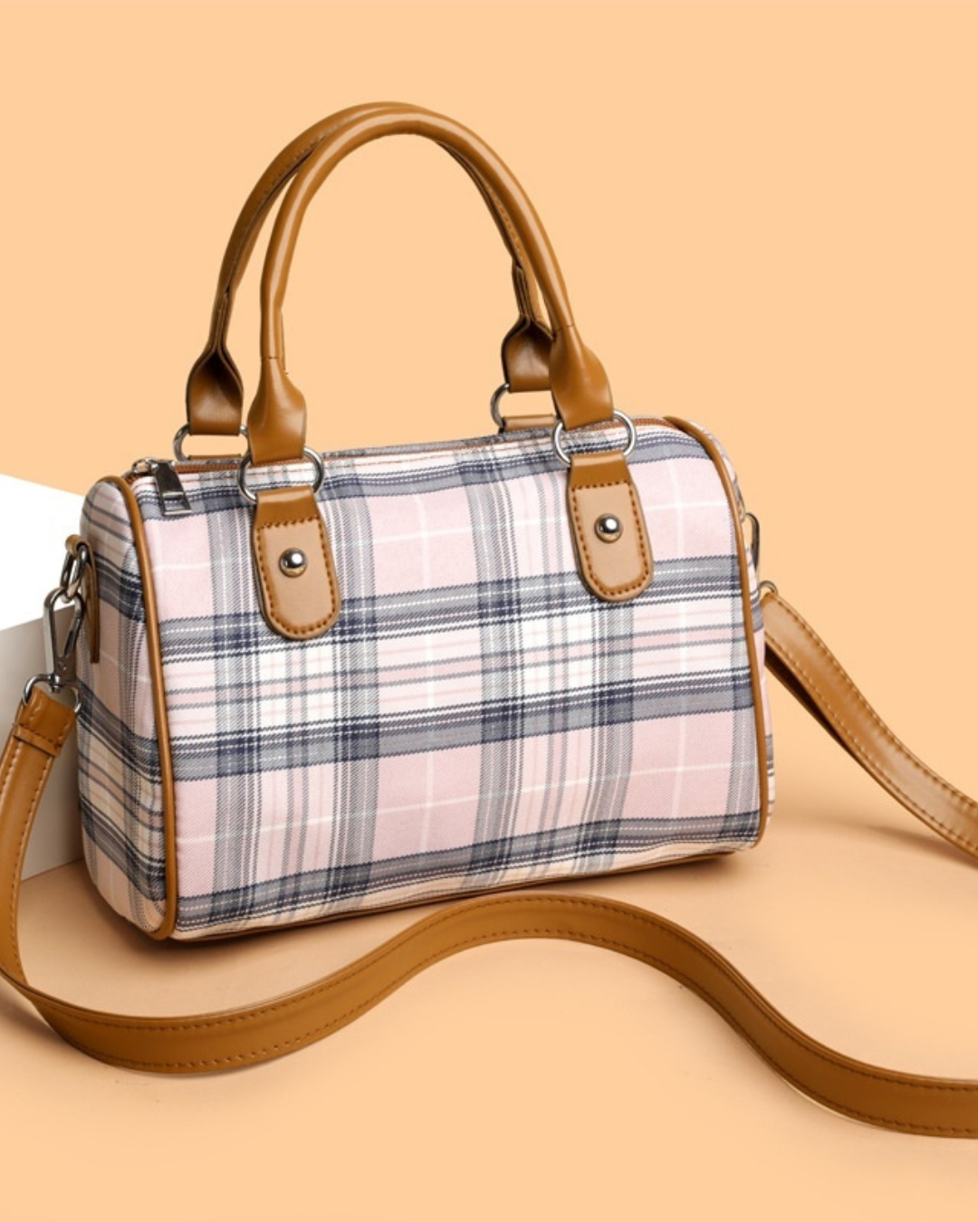 Plaid Academy Style Round Barrel Shoulder Bag