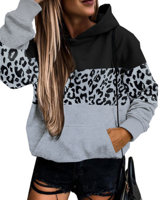 Women's leopard print contrasting color long-sleeve hoodies