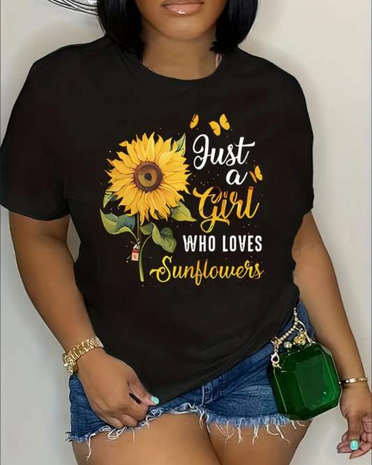 Sunflower And Alphabet Print T-shirt, Casual Short-sleeved Crewneck Top Spring  Summer, Women's Plus Size Clothing