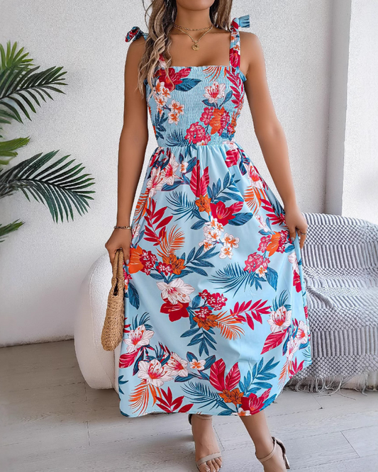 Flowers Print Suspender Corset Dress Ins Fashion Holiday Beach Long Dresses Summer Clothing For Women