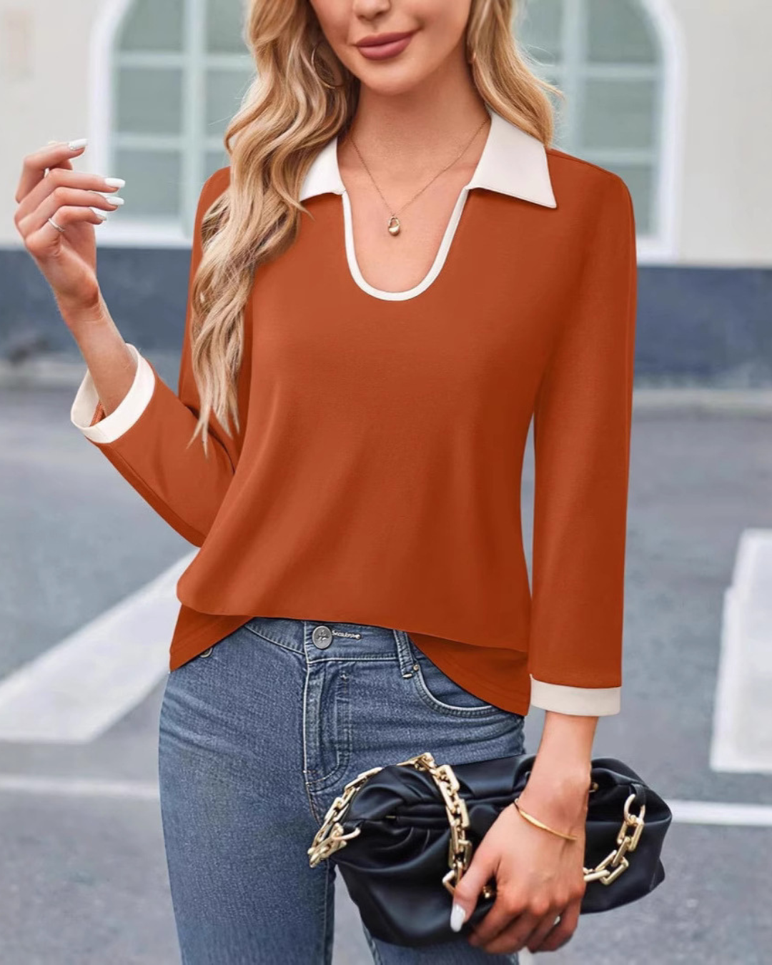 Color Matching Lapel Long Sleeve Top Women