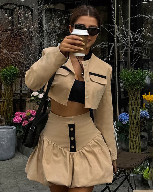 Autumn Commuter Professional Bud Skirt Suit Fashion Colorblock Coat Short Skirt Two-piece Set