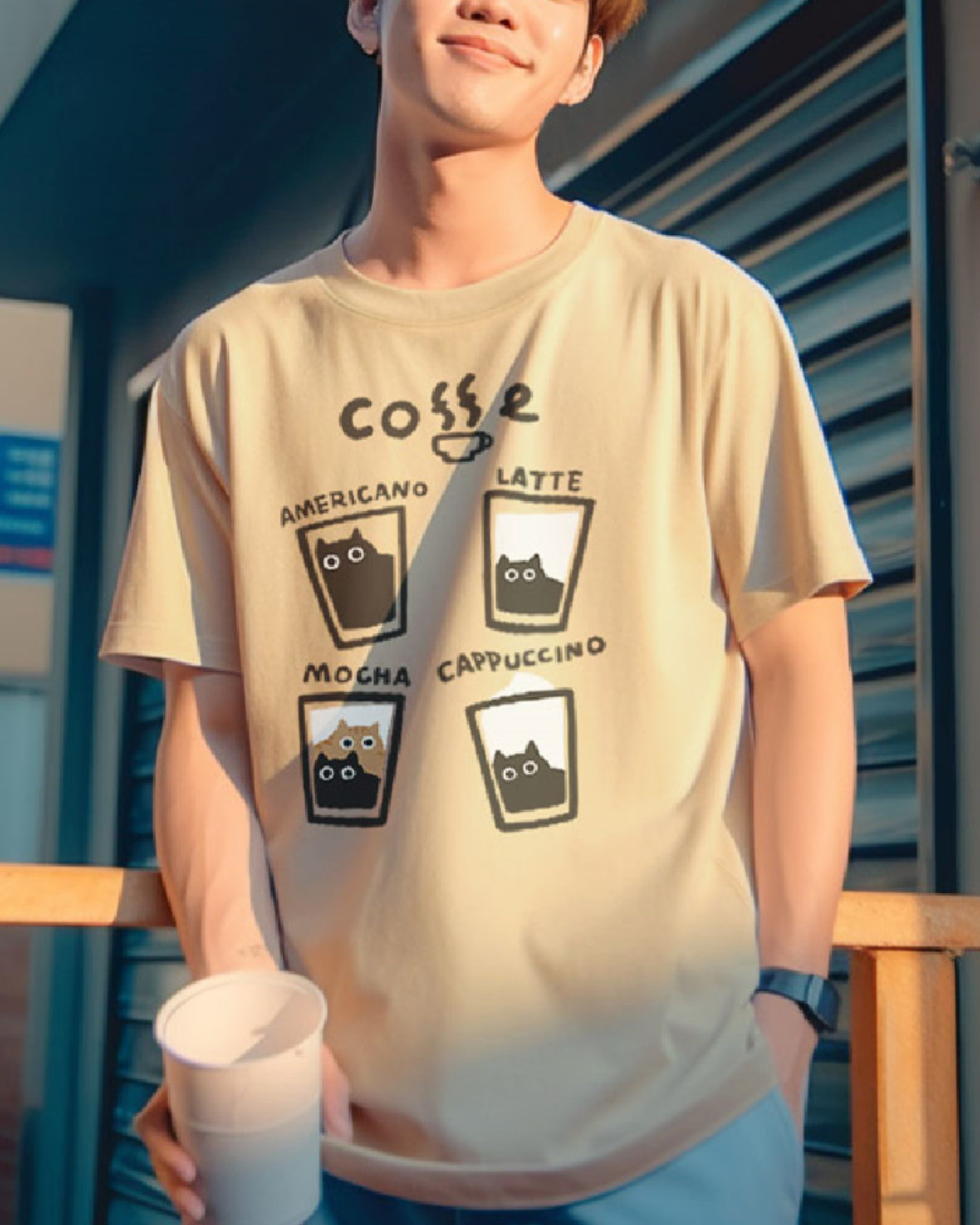 Flocking Milk Coffee Short Sleeve T-shirt For Men