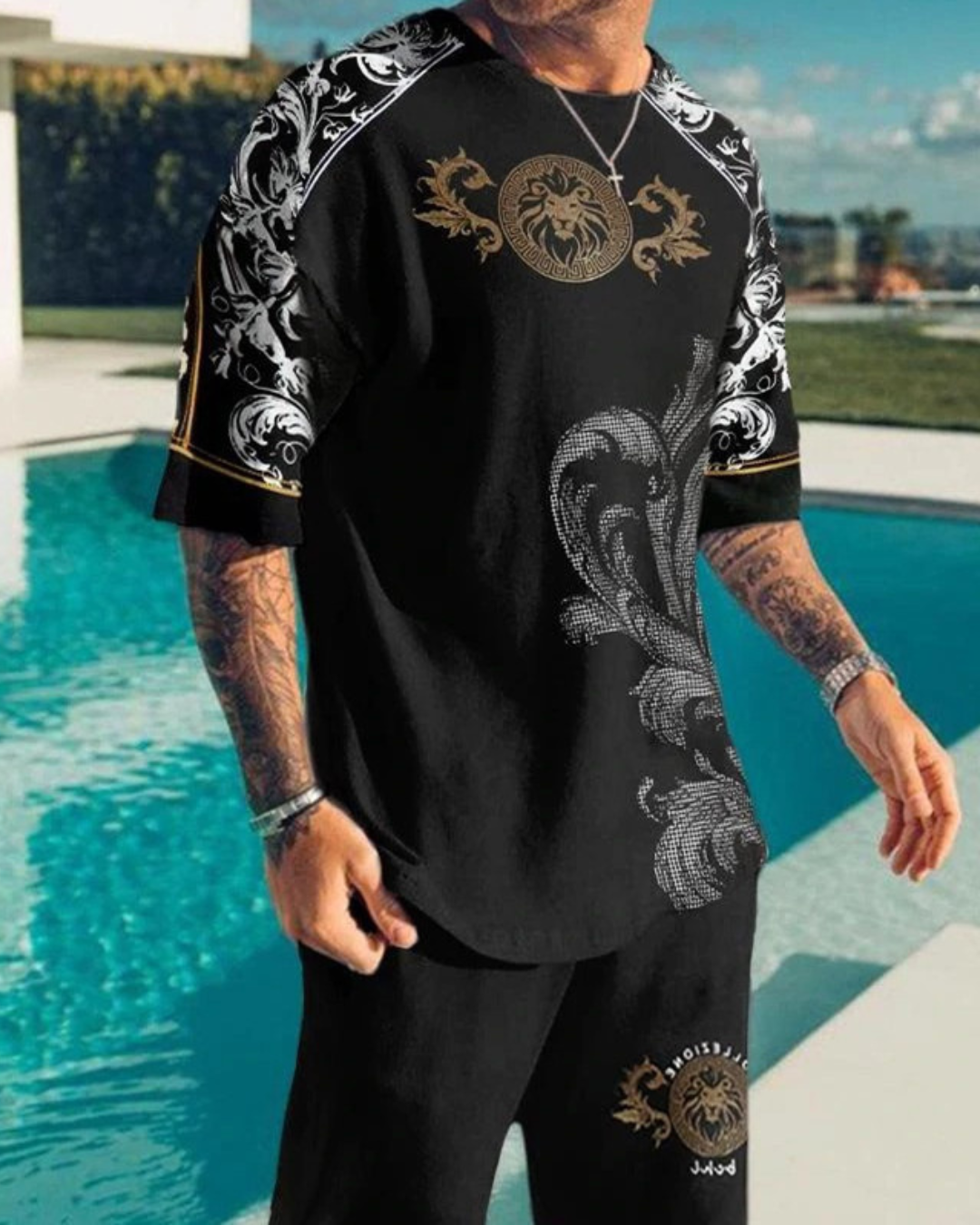 Men's Fashion Casual Printed Short-sleeved Shorts Set