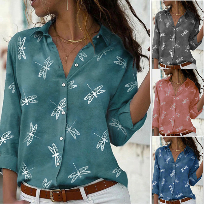 Dragonfly Printed Long Sleeve Lapel Slim Fit