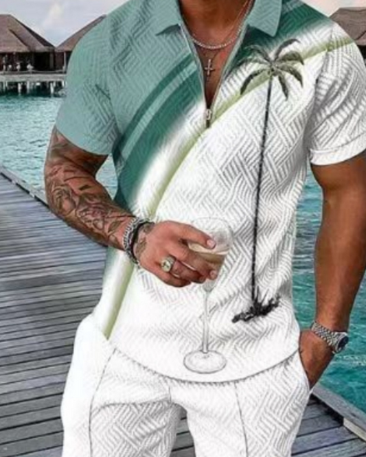 Men's New Clothes Zipper Polo Short Sleeve Suit