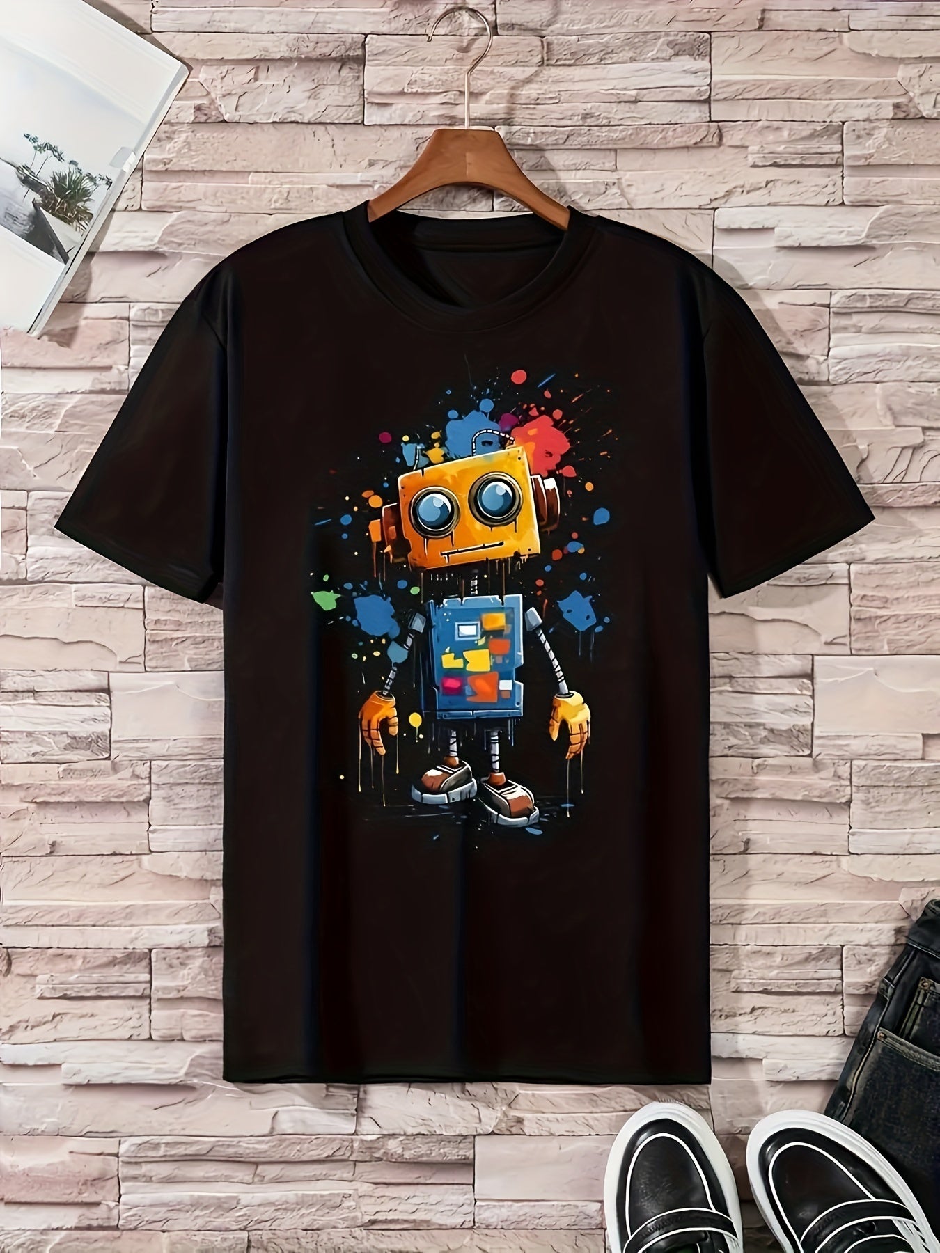 Men's Robot Pattern Printed T-shirt, Casual Short Sleeve Round Neck T-shirt, Men's Outdoor