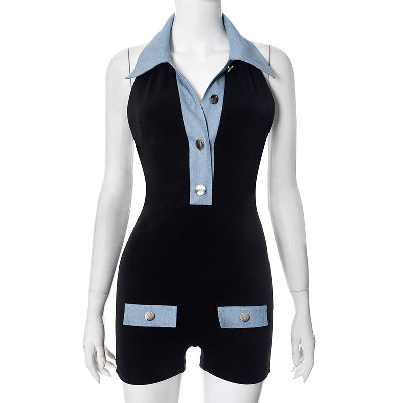 Polo Collar Denim Contrast Colors Slimming Women's Clothing One-piece Shorts