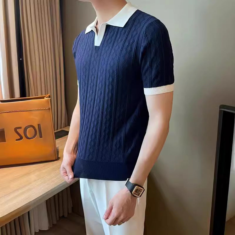 Trendy Men's Polo Shirt V Lapel Stretch Jacquard Texture Slim-fit Short-sleeved Knitted Top