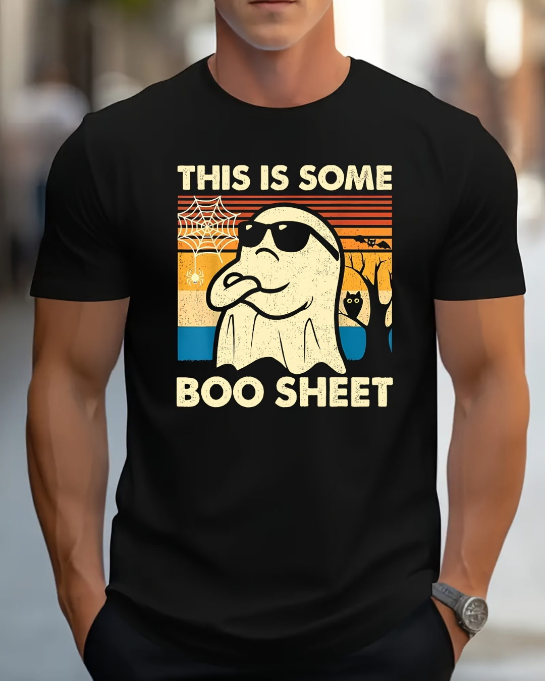 A Halloween Themed Graphic T-shirt - Casual Polyester Round Neck T-shirt With Spandex, Slightly Elastic, Regular Short Sleeved - Men's Halloween Ghost Print This Is Some Ghost Cloth Pullover