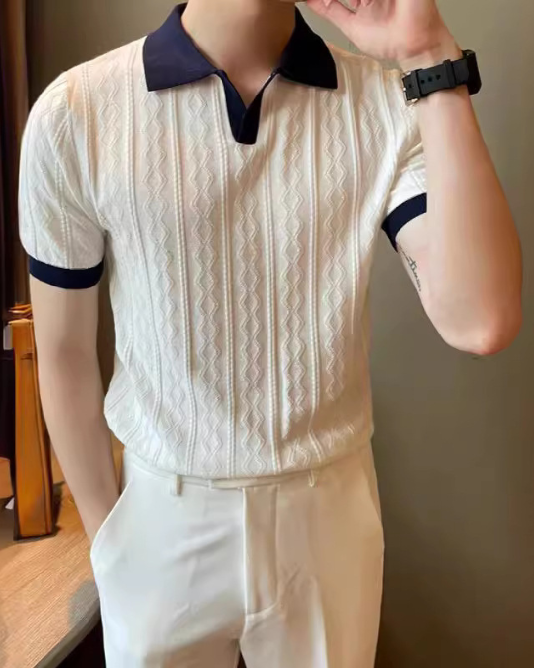 Trendy Men's Polo Shirt V Lapel Stretch Jacquard Texture Slim-fit Short-sleeved Knitted Top