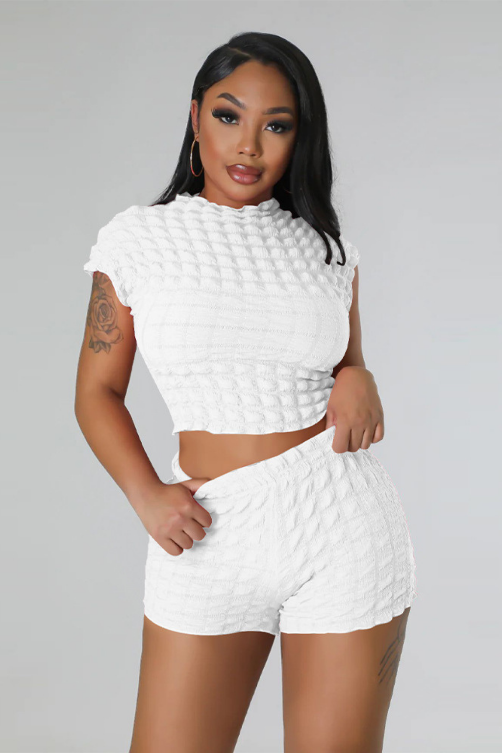 Women's Clothing Hot Sleeveless Midriff-baring Shorts Popcorn Bubble Two-piece Set