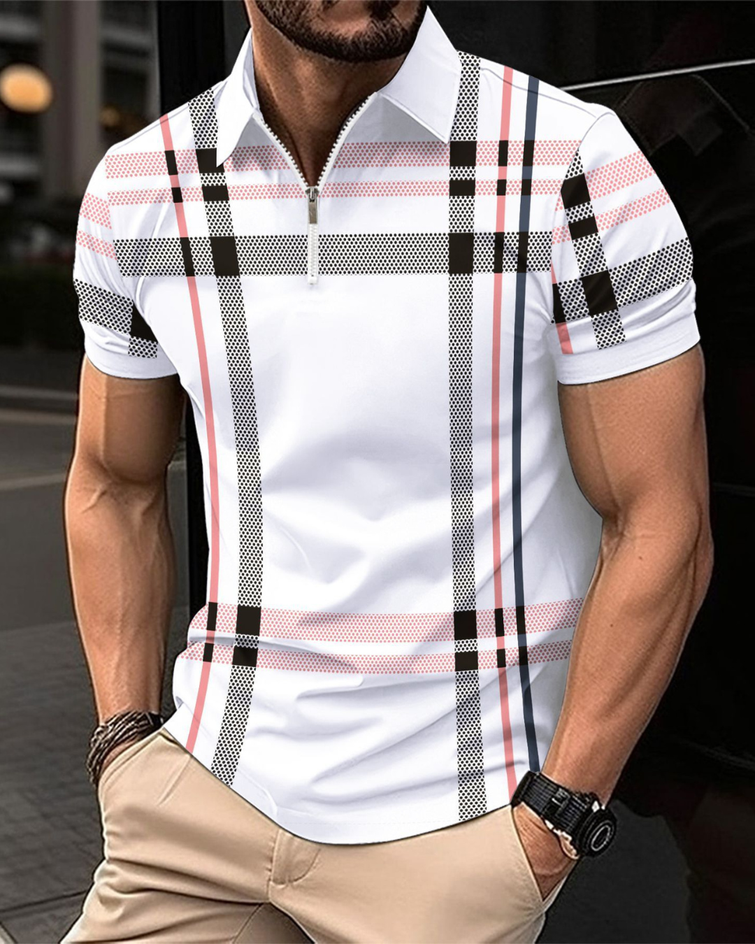 Men's Printed Plaid Striped Polo Shirt