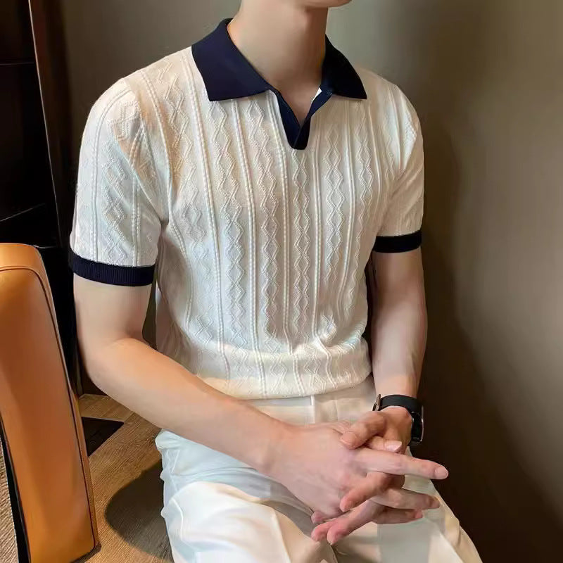 Trendy Men's Polo Shirt V Lapel Stretch Jacquard Texture Slim-fit Short-sleeved Knitted Top