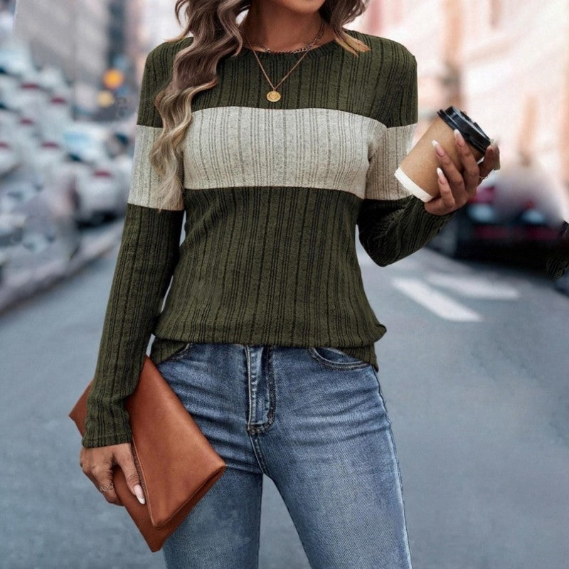 Women's Elegant Color-Block Round Neck Top - Basic Solid Color Contrast Casual Shirt For Fall&Winter