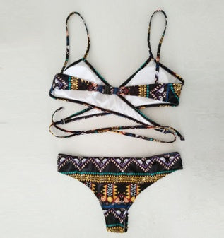 Chest cross straps ethnic style print sexy bikini bikini swimsuit