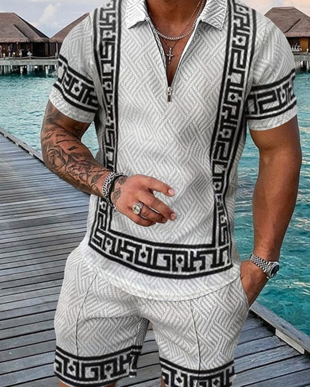 Short Sleeve Casual Striped Zip Polo Shirt