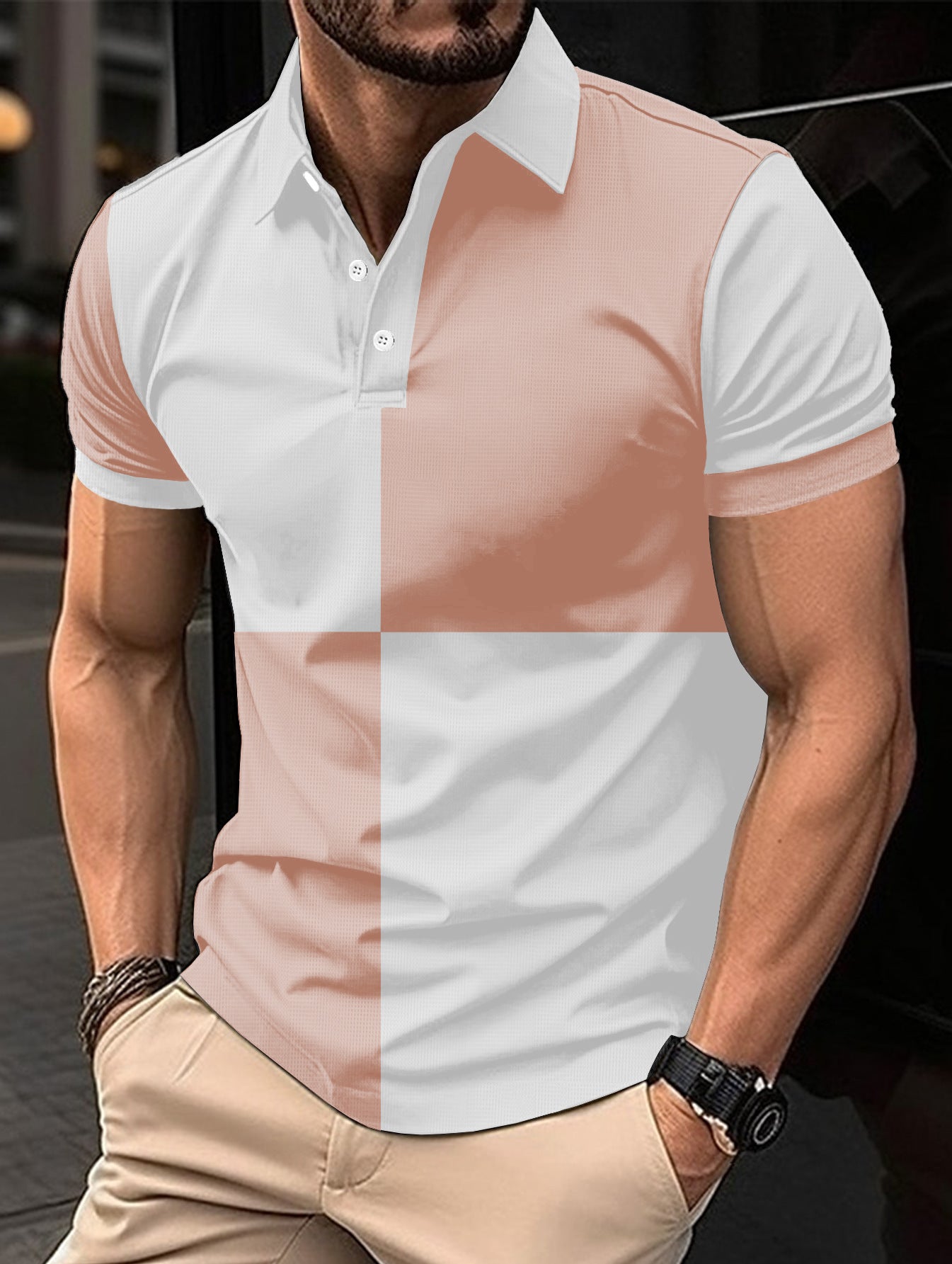 Casual Sports Short Sleeve Color Stitching Turnover Neck Polo Shirt Men Clothing