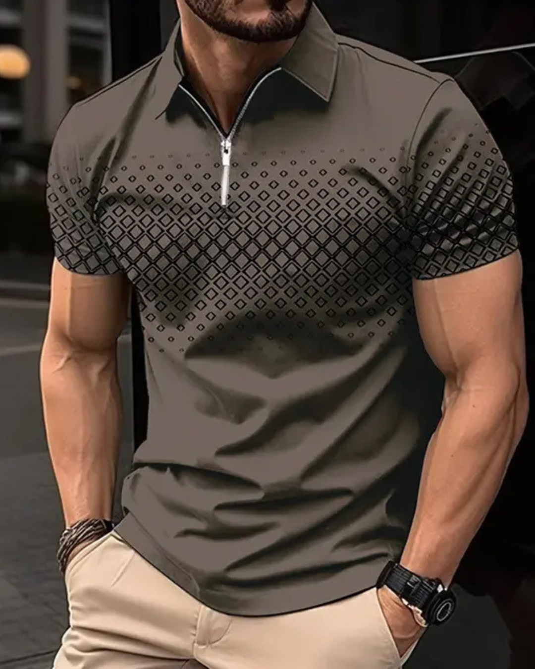 Men's Zipper Polo Shirt Casual Short Sleeve