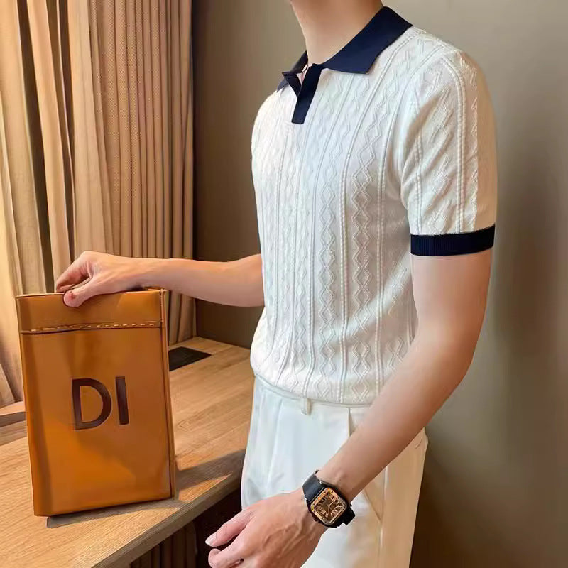 Trendy Men's Polo Shirt V Lapel Stretch Jacquard Texture Slim-fit Short-sleeved Knitted Top
