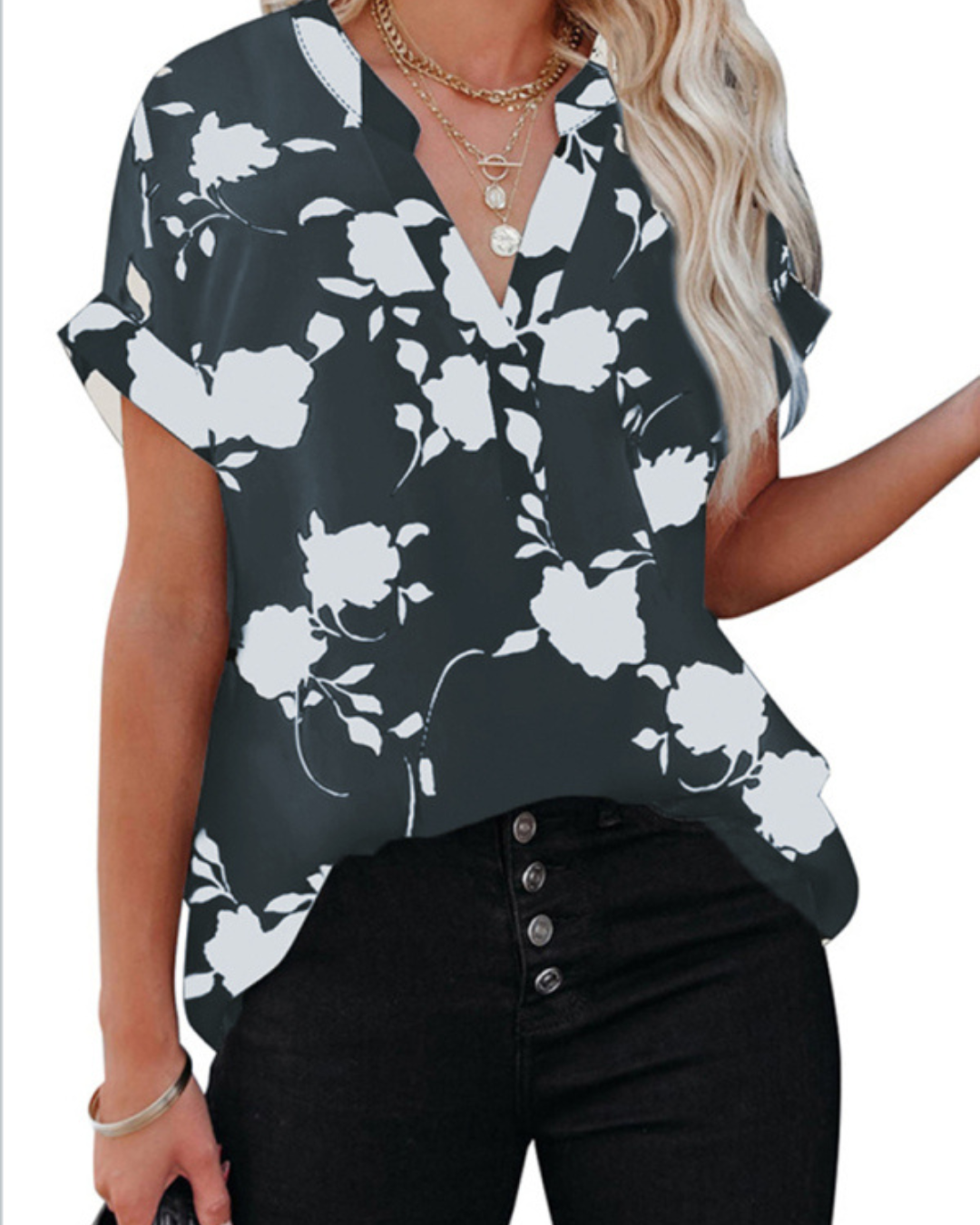 Women's New Floral Print Casual V-Neck Short Sleeve Shirt