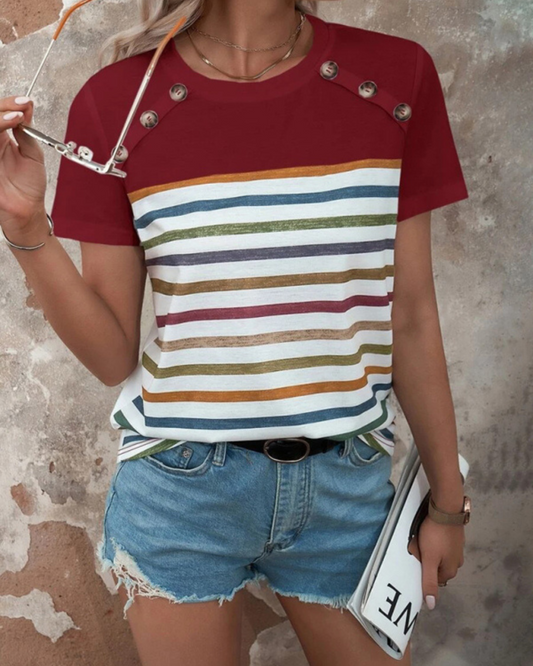 Women's Stripe Print Button Short Sleeve Casual Top