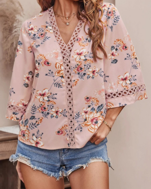 Women's V-neck printed patchwork lace flared sleeve top