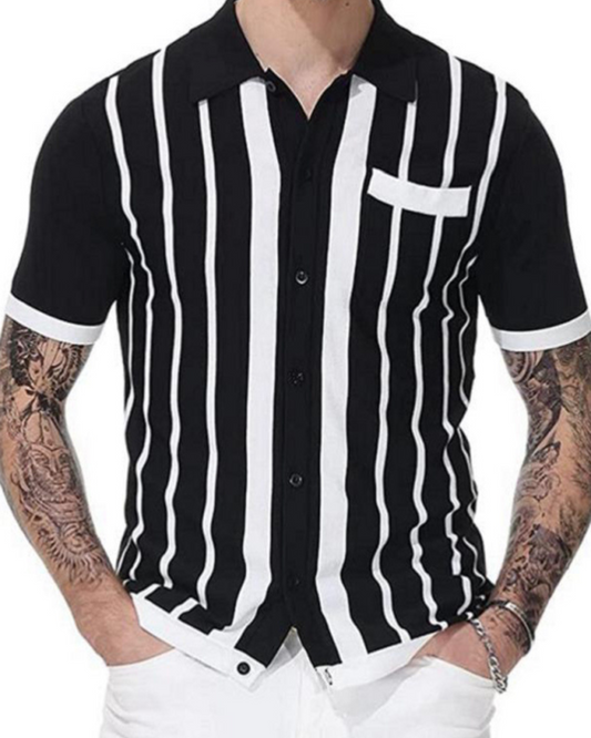 Men's Striped Button-Up Polo Shirt