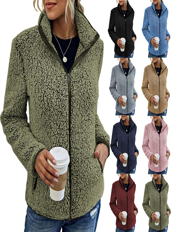 Fall Winter Warm Sweatshirt Stand Collar Solid Color Top Sweater Women's Casual Fashion Long Sleeve Zipper Bubble Velvet Coat Tops