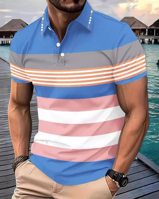 Men's Color Block Digital Printing Button Short Sleeve