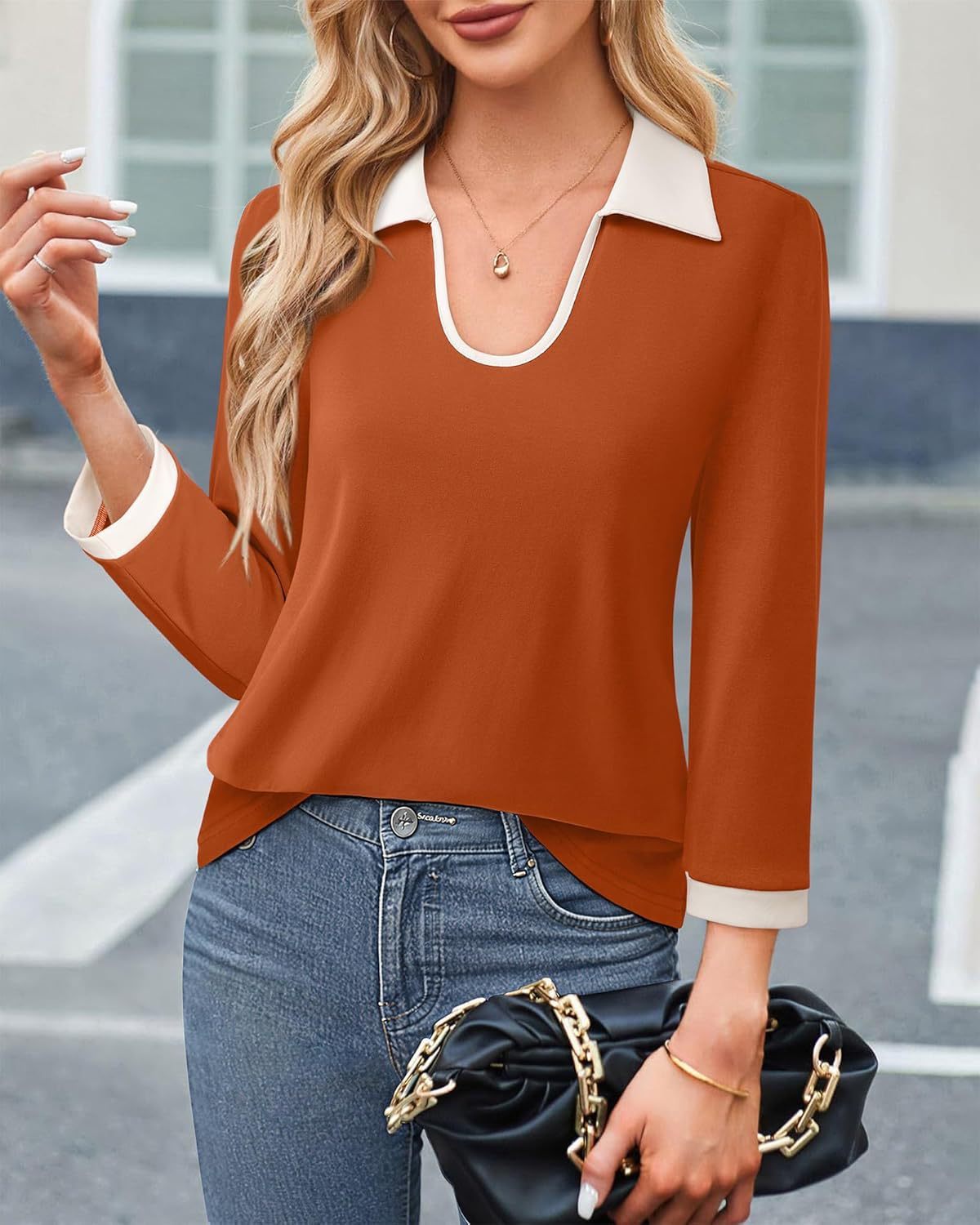 Color Matching Lapel Long Sleeve Top Women