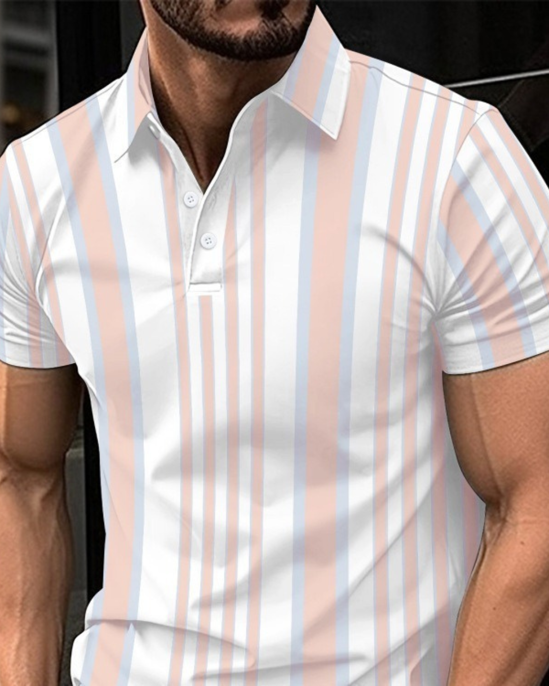 Men's Button Polo Shirt Striped Printed Short Sleeve