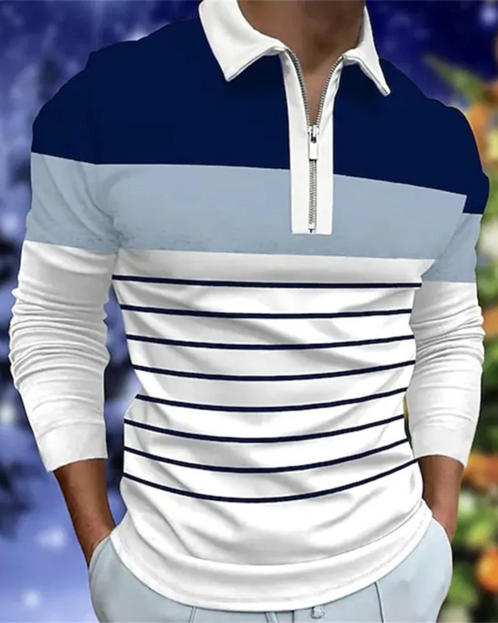 Men's Polo Shirt Long Sleeve Color Matching Zipper T-shirt Top