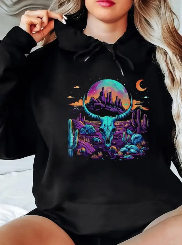 Women'S Casual  Hoodie With Cow Skull And Mountain Print - Comfortable Round Neck Pullover For All Seasons - Stylish Adult Hooded Sweatshirt