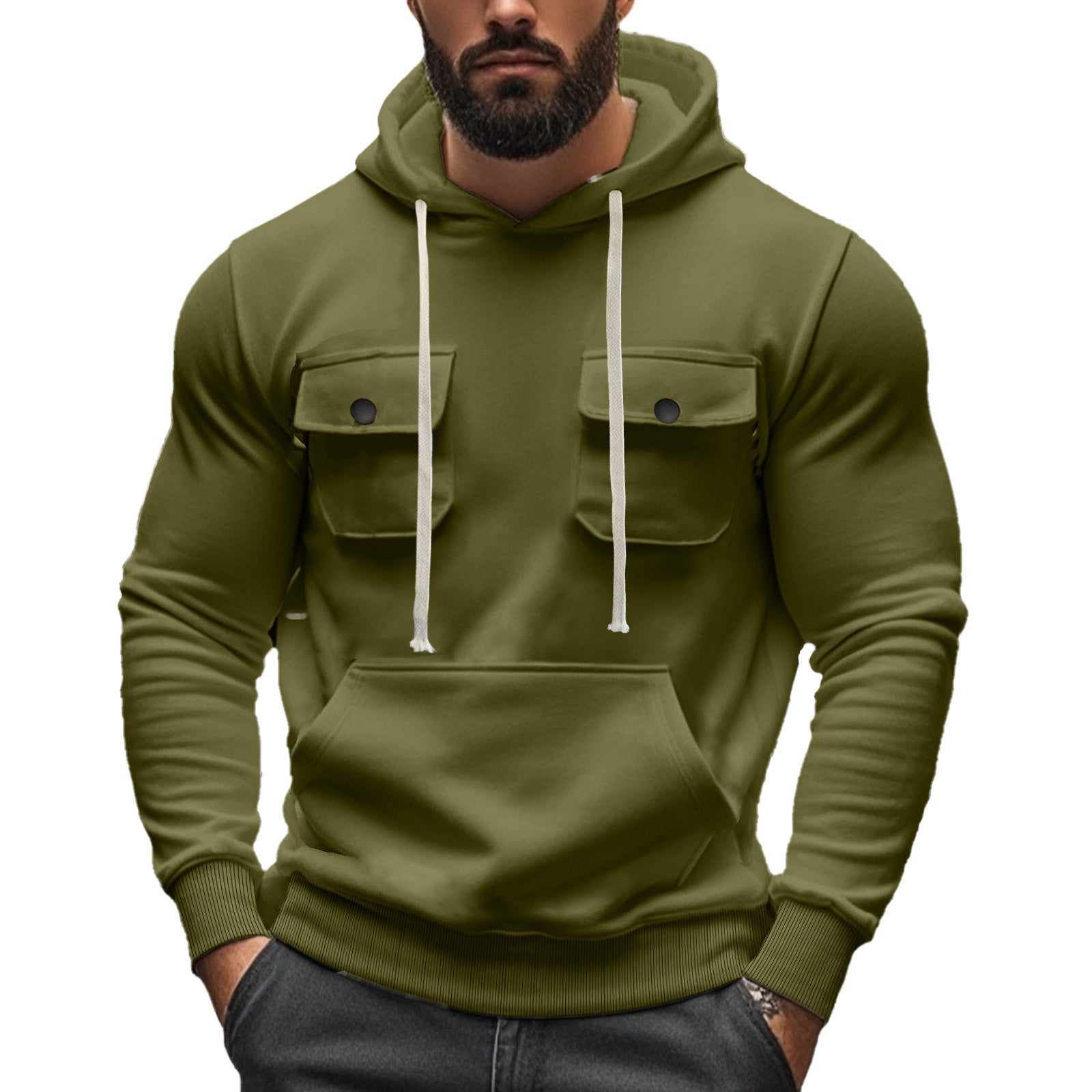Workwear Multi-pocket Long Sleeve Solid Color Coat For Men
