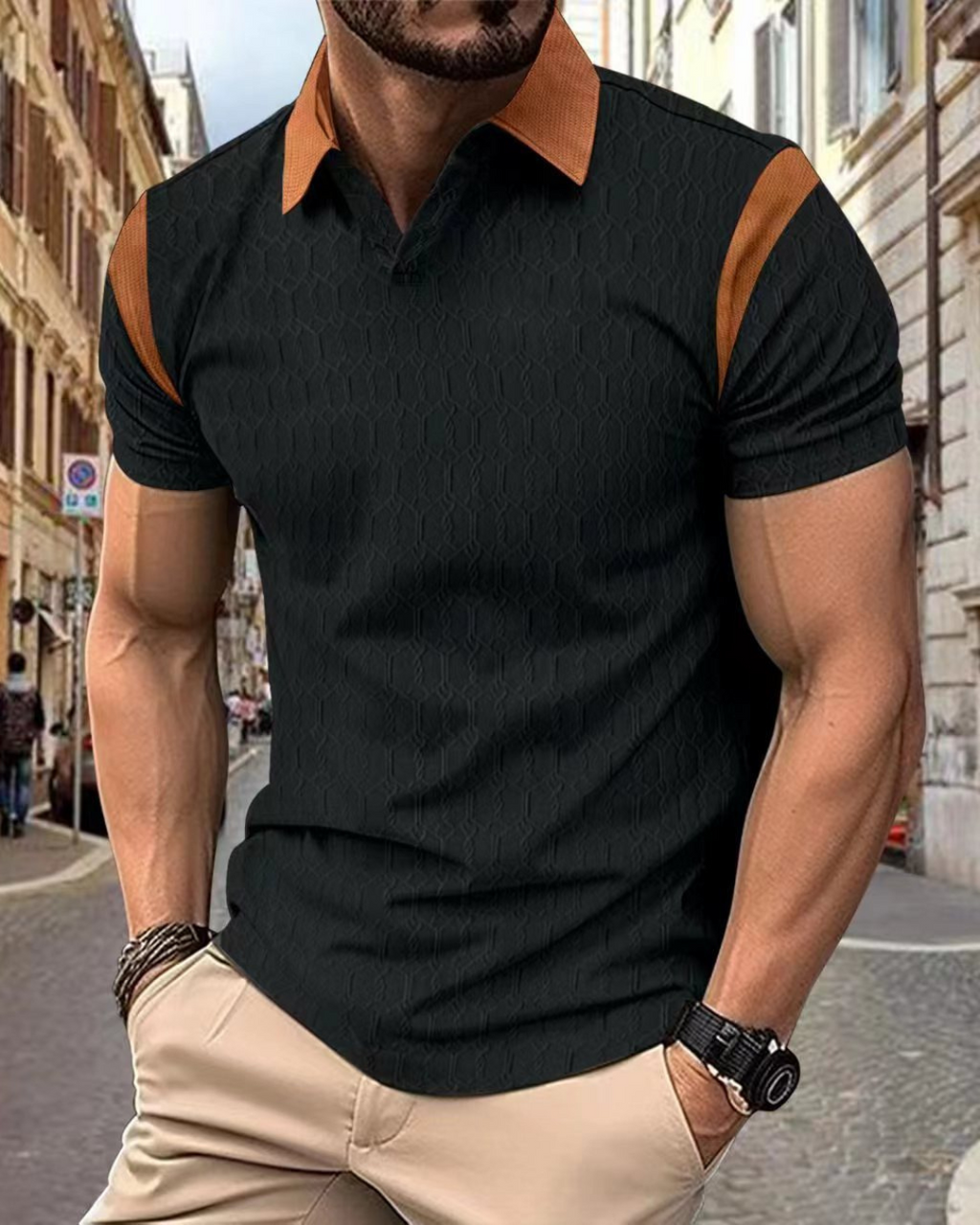 Men's Waffle Jacquard Solid Color Polo Shirt Short Sleeve